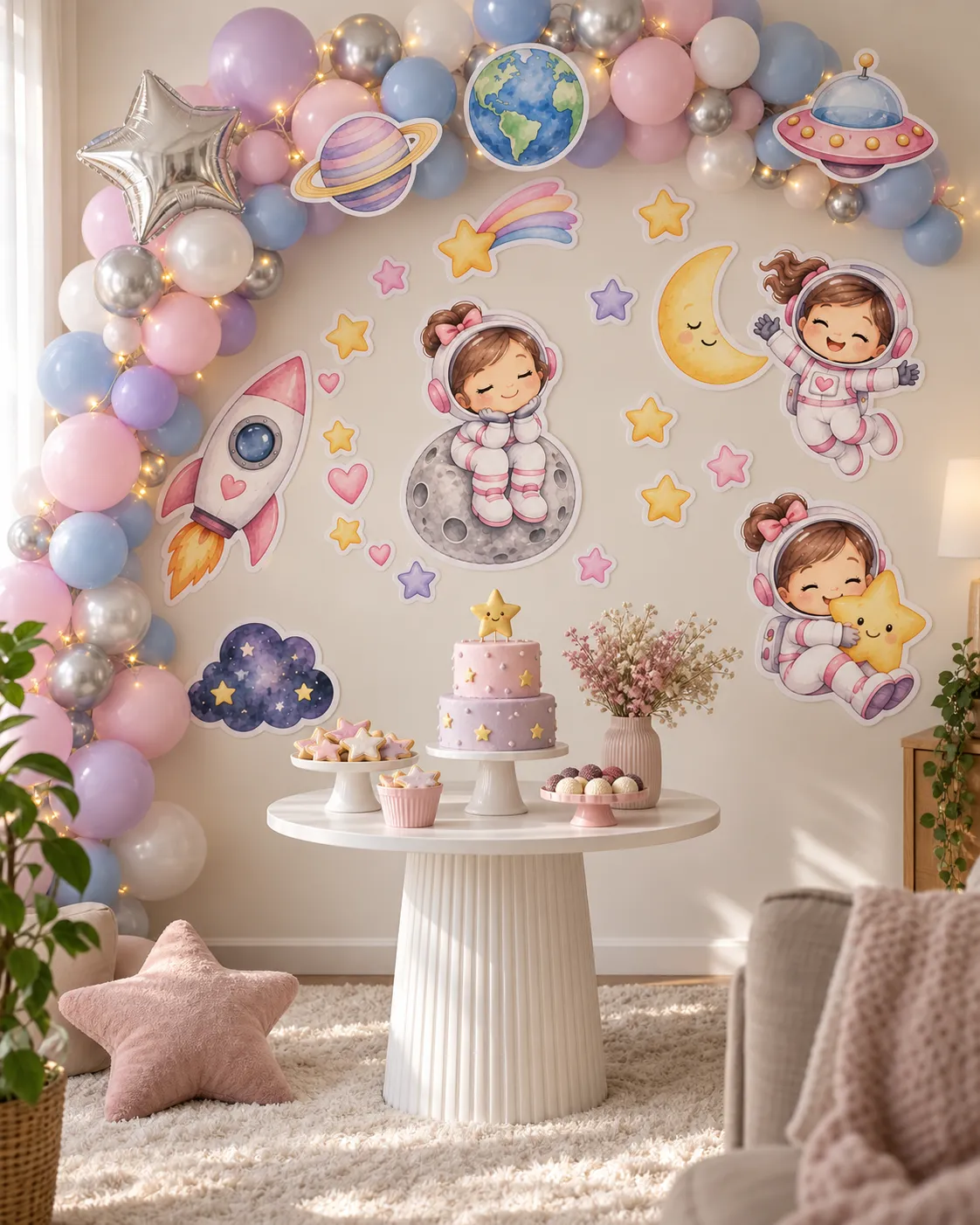 Parede de mesversário decorada com o tema Astronauta Feminino