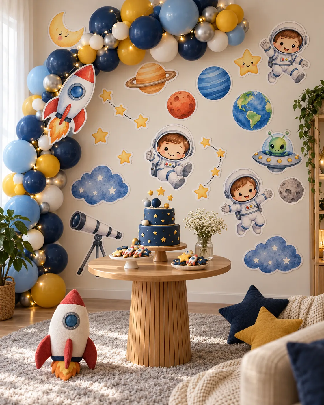 Parede de mesversário decorada com o tema Astronauta Masculino