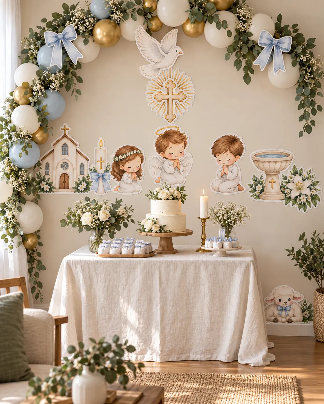 Parede de mesversário decorada com o tema Batizado