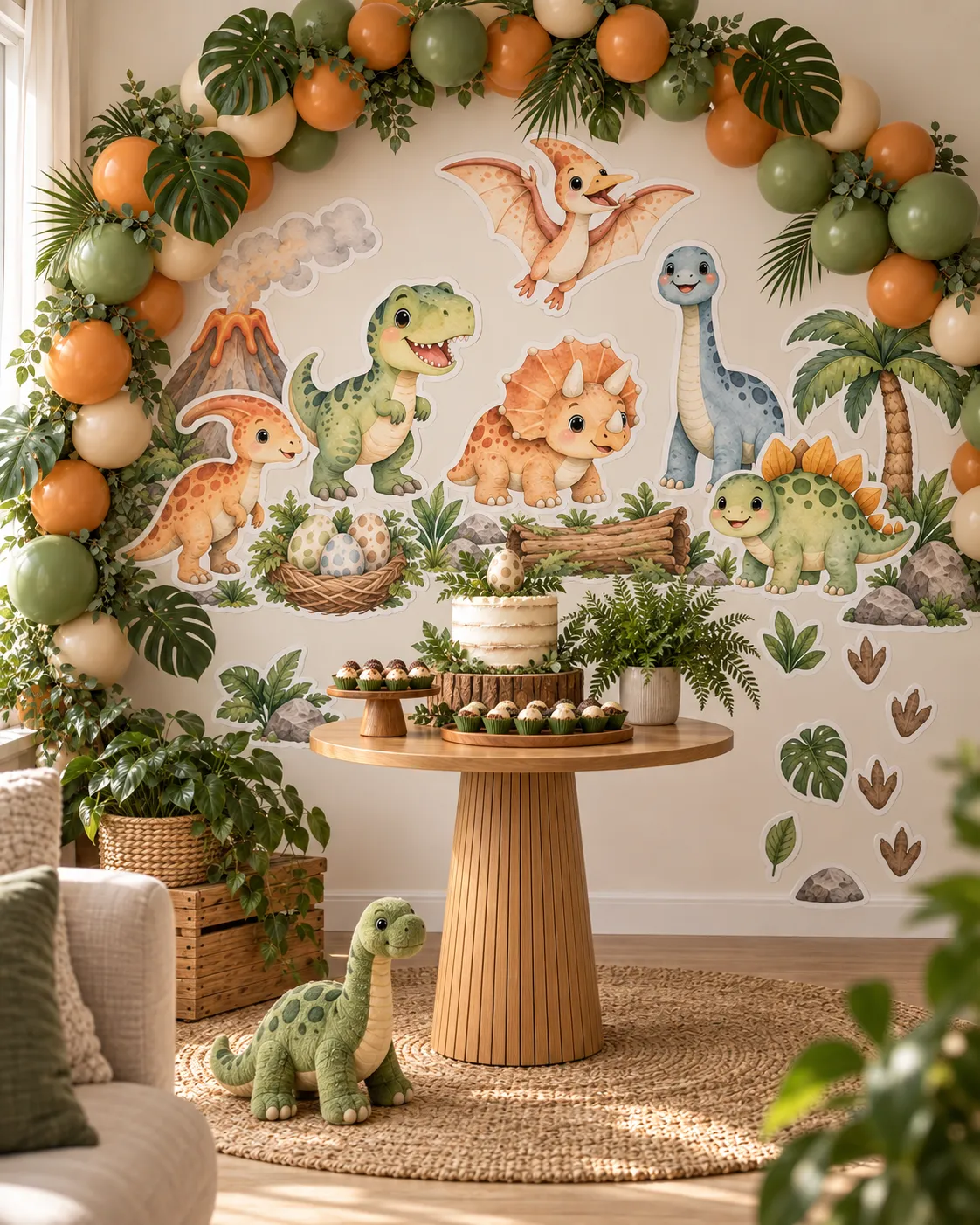 Parede de mesversário decorada com o tema Dinossauros