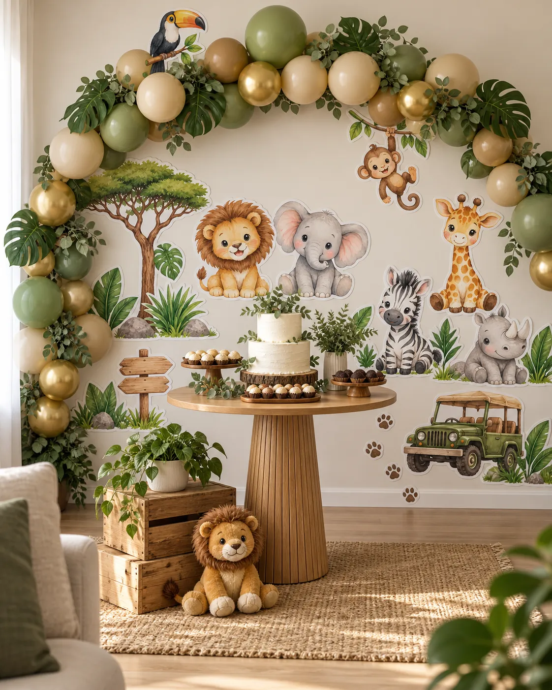 Parede de mesversário decorada com o tema Safari